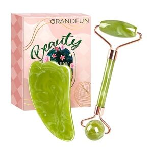 GRANDFUN Beauty Made Simple Jade  Face Roller Gua Sha Tool Set